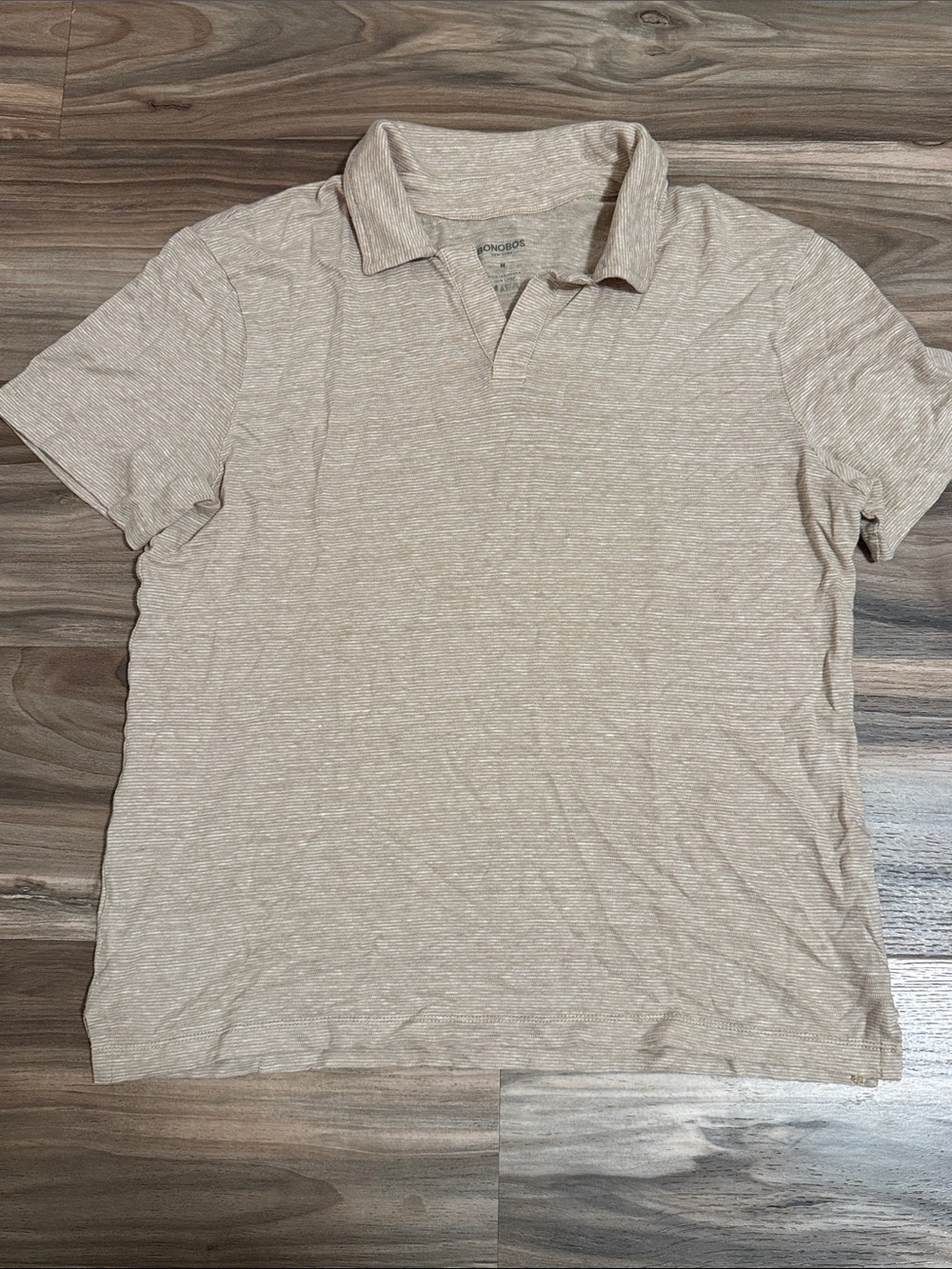 Bonobos 100% Linen Top Short Sleeve Polo Shirt Tan White Striped Men’s M Casual